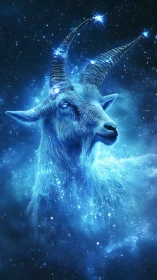 Stellar blue goat portrait emerging from luminous cosmos.
