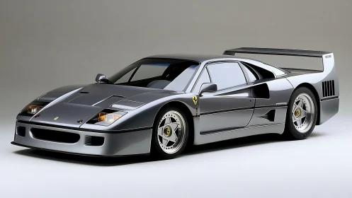 Side view shows grey mid‑engine sports car with large rear wing