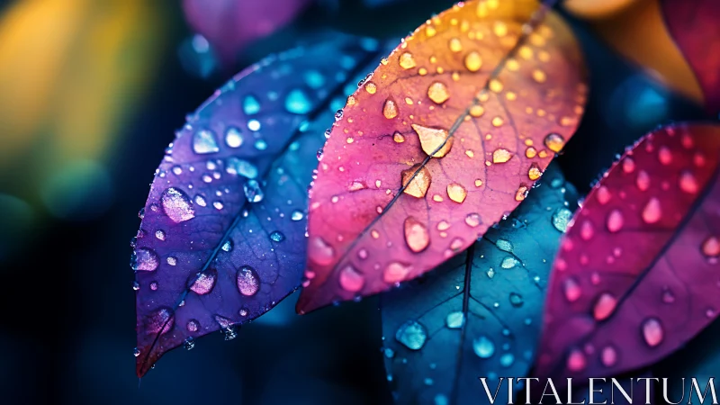 Iridescent rain-kissed leaves glow in vivid neon twilight