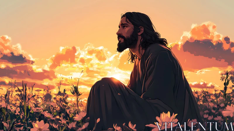 Contemplative robed figure in wildflower meadow at radiant sunset