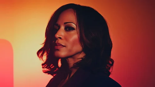 Confident woman in dramatic lighting with warm gradient tones.