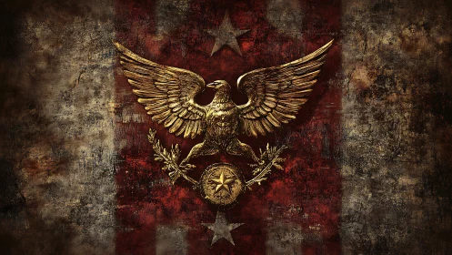 Gold eagle emblem is centered on worn red striped field