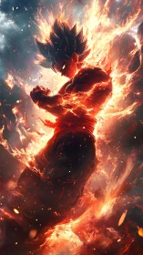 Fiery anime warrior stands powering up in glowing flames