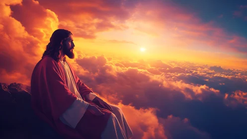 Sunlit robed figure above volumetric clouds in high-saturation sky