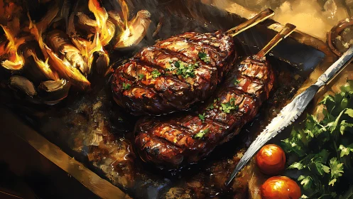 Fire-kissed lamb skewers sizzle beside rustic flames. Period.