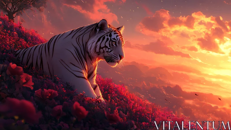 White tiger on flowered hillside at vivid sunset horizon.