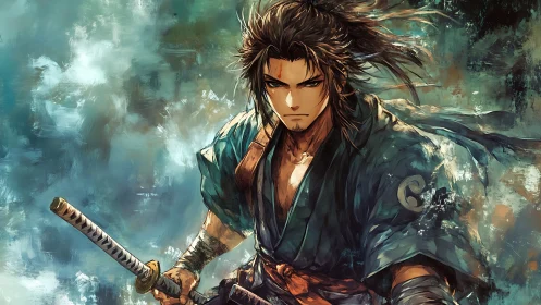 Samurai swordsman with intense gaze in painterly scene.
