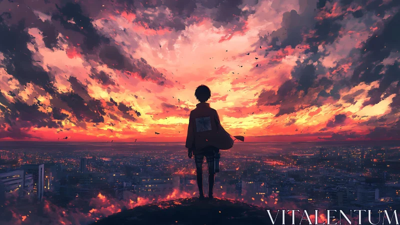 Solitary figure watching a vivid sunset above cityscape.