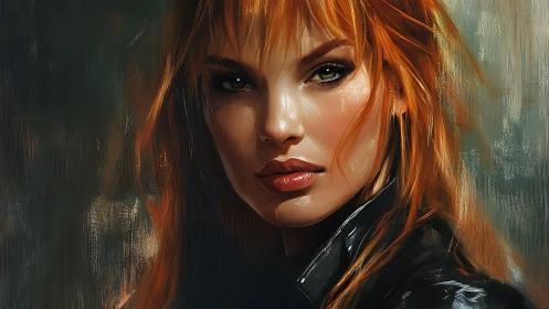 Digital portrait of red haired woman in dark textured setting.