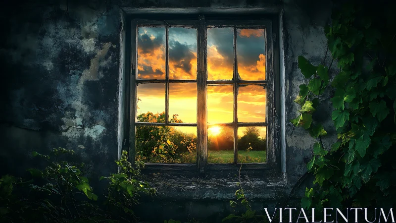 Old window frame opening onto vivid golden sunset view.