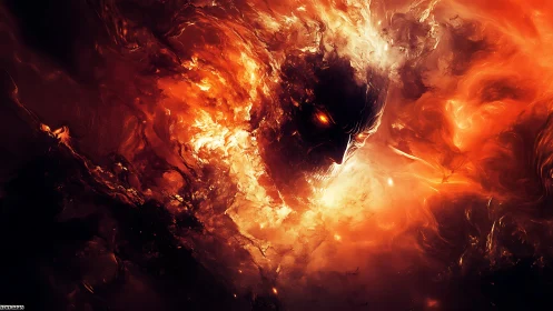 Flame-formed skull-like visage emerges from turbulent fire cloud
