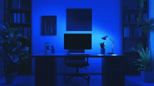 Modern blue-lit home office desk with monitor and plants.