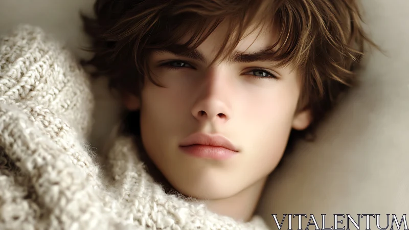 Soft gaze rests in a cozy knit sweater and gentle light