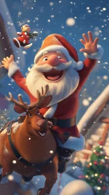 Stylized 3D Santa riding reindeer amid dynamic snowfall lighting
