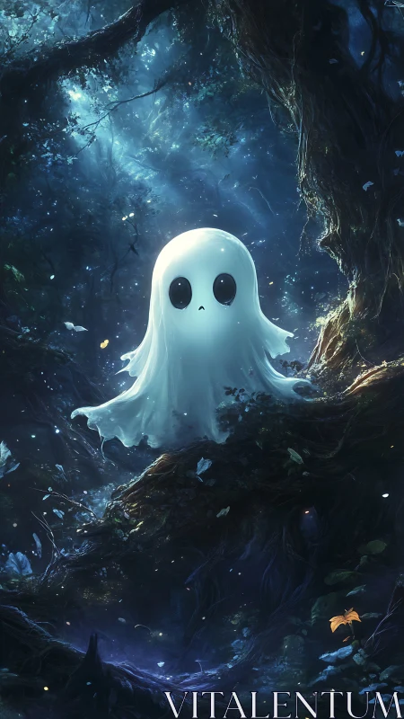 Gentle little ghost wandering softly through moonlit woods.