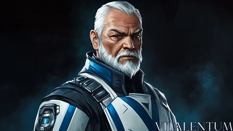 Veteran sci fi commander rendered in high contrast portrait lighting