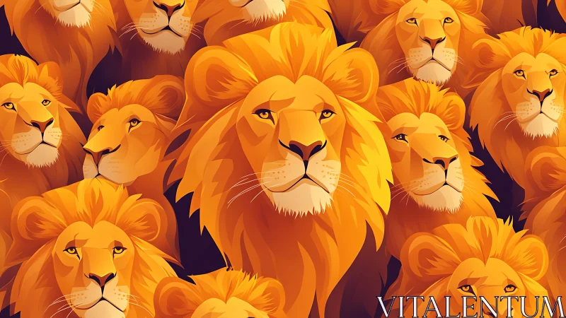 Radiant lion chorus in a sea of golden manes.