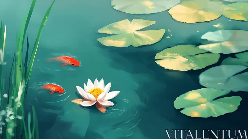 Koi swim around white water lily in tranquil teal pond