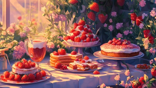 Digital illustration of berries, pastries, and flowers arranged on table