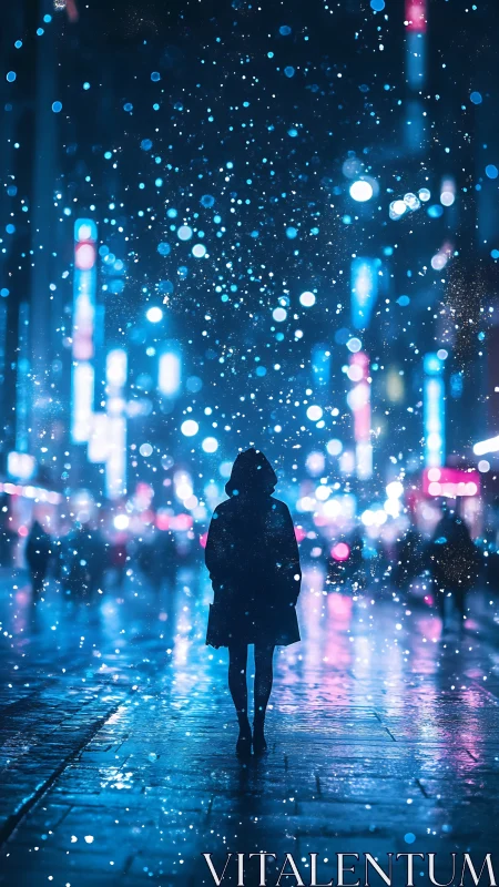 Solitary figure walks through neon snow in a glowing cityscape.