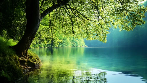 Shaded lakeshore with overhanging tree and calm water surface.