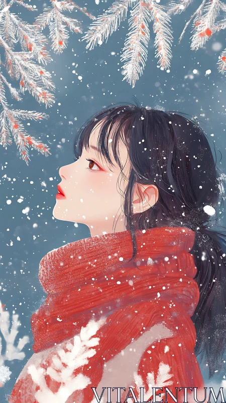 Profile portrait in drifting snowfall with saturated red textile.
