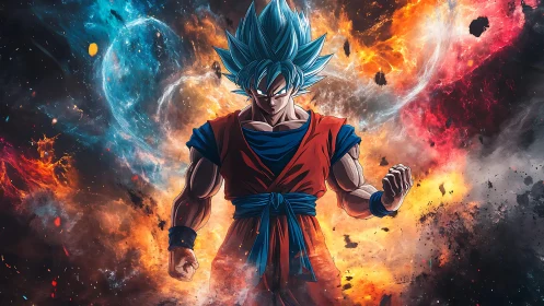 Blue-haired anime warrior stands in explosive cosmic energy field