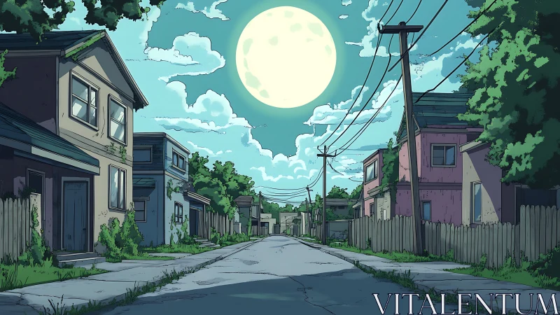 Quiet moonlit neighborhood street wrapped in soft teal glow.