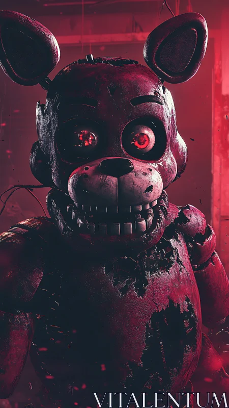 Deteriorated animatronic bear rendered in ominous red lighting