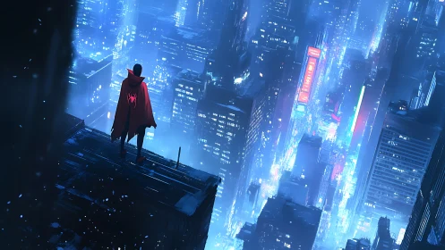 Lone rooftop vigil over neon-soaked futuristic megacity night.