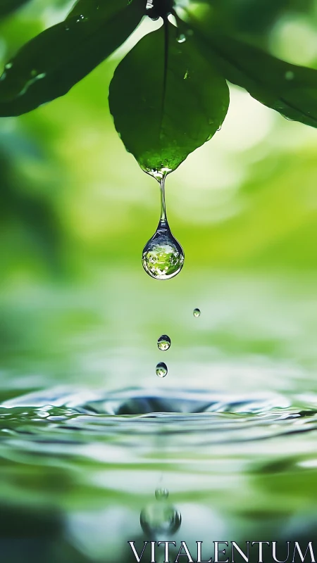 Macro water droplet falling from leaf into rippling surface.
