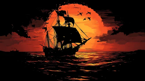 Silhouetted tall ship crossing molten orange sunset horizon.
