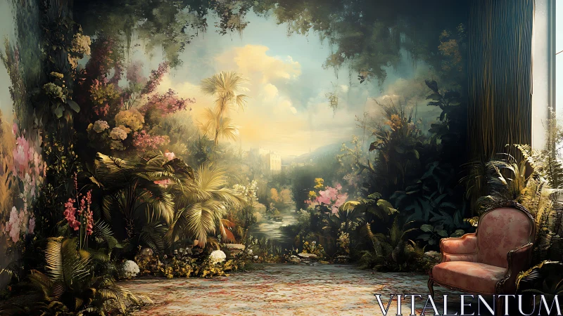 Interior merges with lush painted landscape under warm light