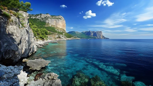 Sunlit cliffs welcome you above calm, crystal blue sea