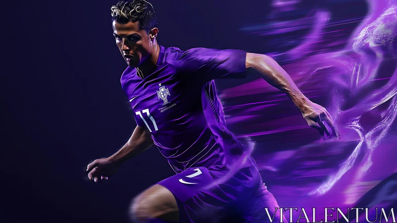 Electric footballer sprinting through vivid purple motion.