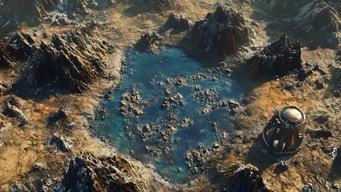 Orbital lander beside mineral-rich alien crater lake basin