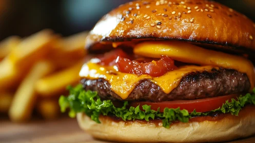 Melted cheddar crowns a glossy burger in cinematic close-up