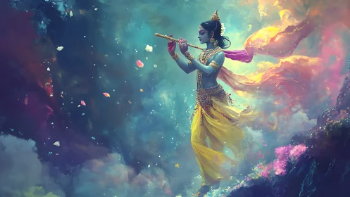 Mythic flute player in ornate garments amid clouds.