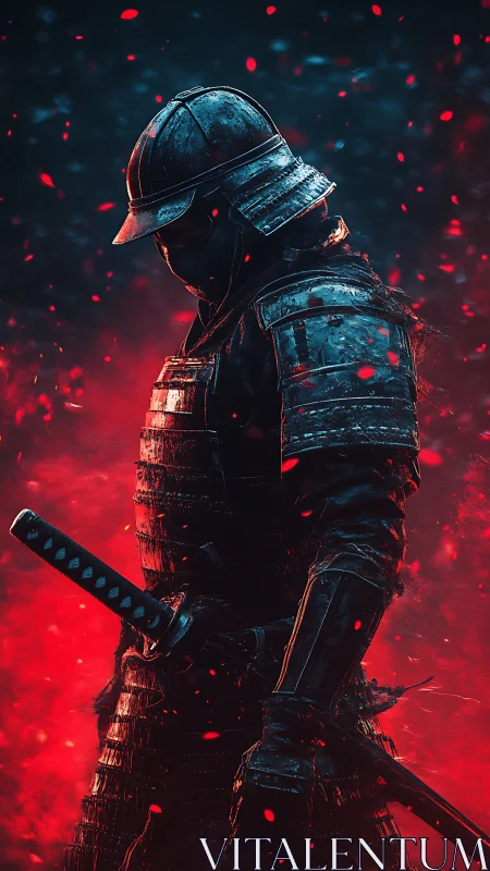 Armored samurai profile in volumetric red backlight and particle field