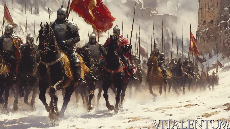 Armored cavalry storms the winter pass in a crimson surge