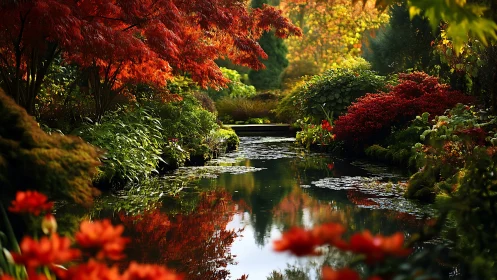 Autumn-lit garden pond mirroring firebright leaves and still sky.