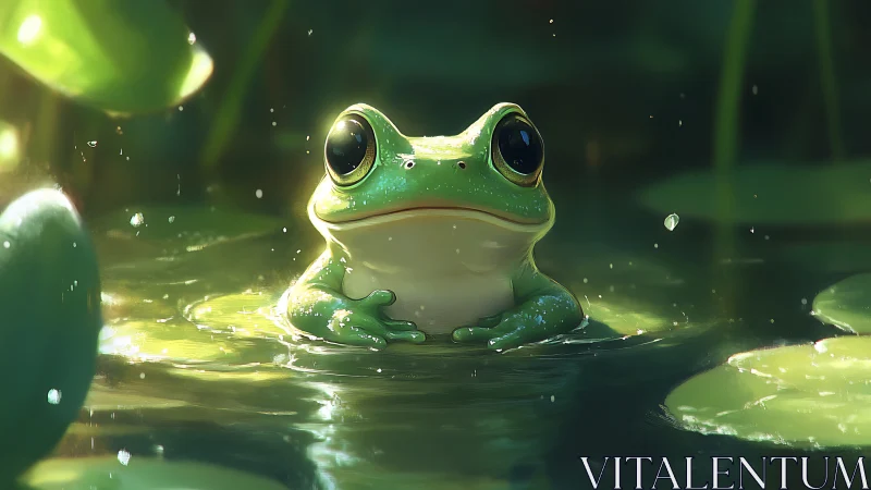 Glistening tree frog in sunlit pond with dreamy bokeh glow.
