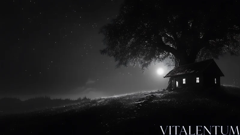 Moonlit cabin under lone tree on misty hillside night.
