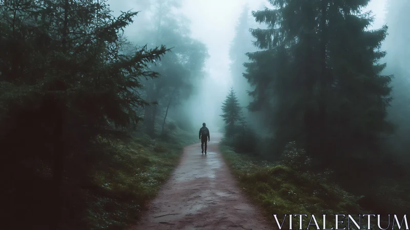 Cinematic forest pathway with solitary figure in misty depth.