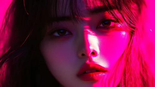 Neon-lit portrait captures an intense cinematic gaze in pink light.