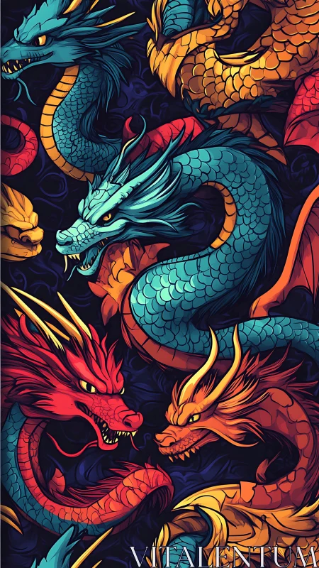 Coiling elemental dragons clash in a vivid, fiery tapestry