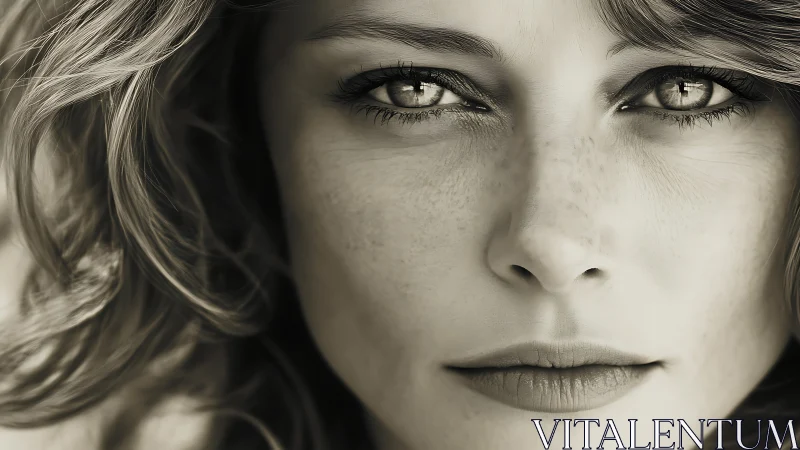 Monochrome close portrait of young woman with reflective gaze