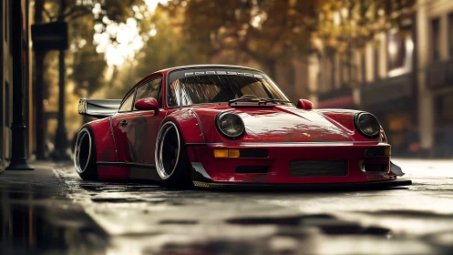 Low-slung red Porsche sports car on wet city street.