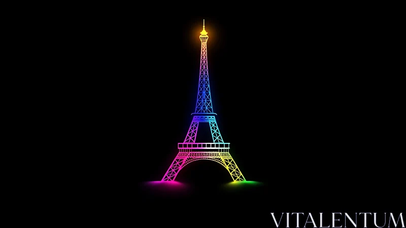 Neon line-art Eiffel Tower in chromatic gradient silhouette.