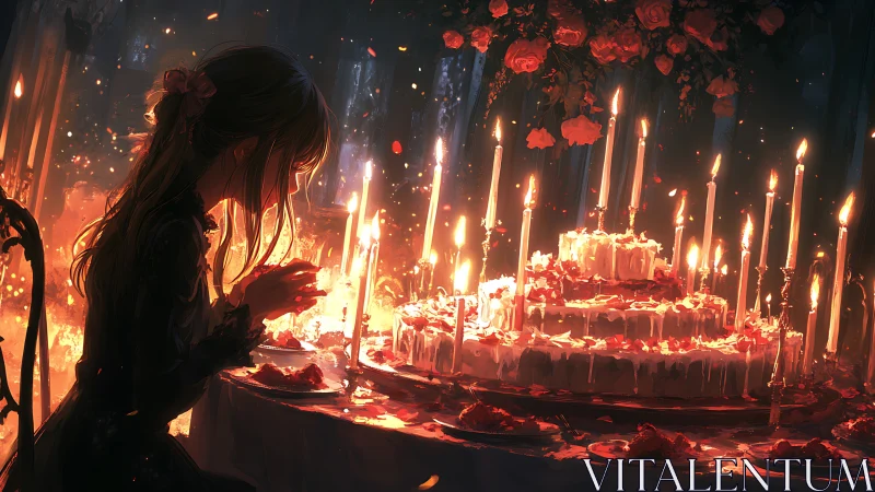 Silhouetted Woman Amid Crimson Roses and Glowing Candlelight.